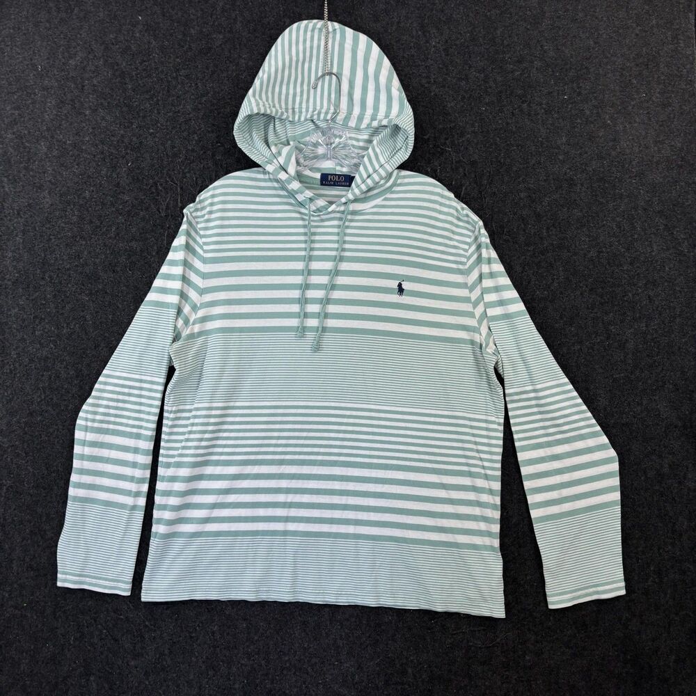 Polo Ralph Lauren Hoodie Shirt Men's Large Green Pullover Lightweight Striped
